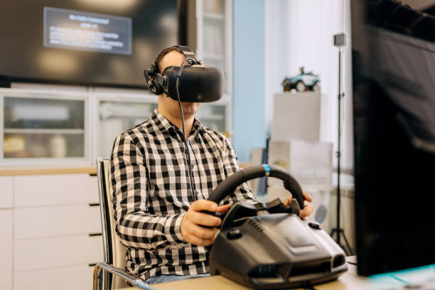 male university student testing video game at computer lab
